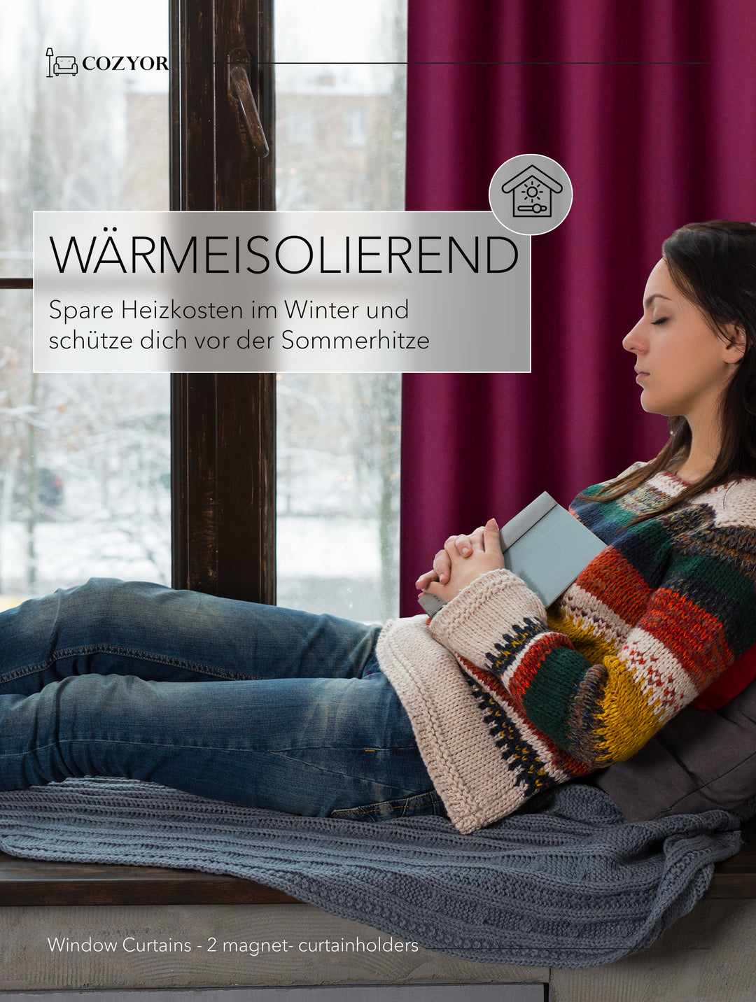 Cozyor 2x blickdichte Vorhänge + 2x Raffhalter mit Magnet, Thermogardine gegen Kälte 100% verdunkelnd, Gardine mit Ösen für Schlafzimmer, Wohnzimmer, Kinderzimmer