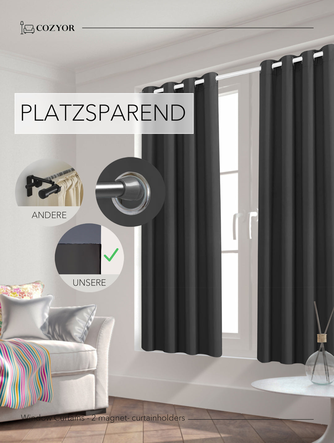 Cozyor Set ohne Bohren: 2x Fenster-Vorhang + 1x Klemmstange + 2x Raffhalter mit Magnet blickdicht & verdunkelnd, als Raumteiler, Fenster & Tür Thermovorhang