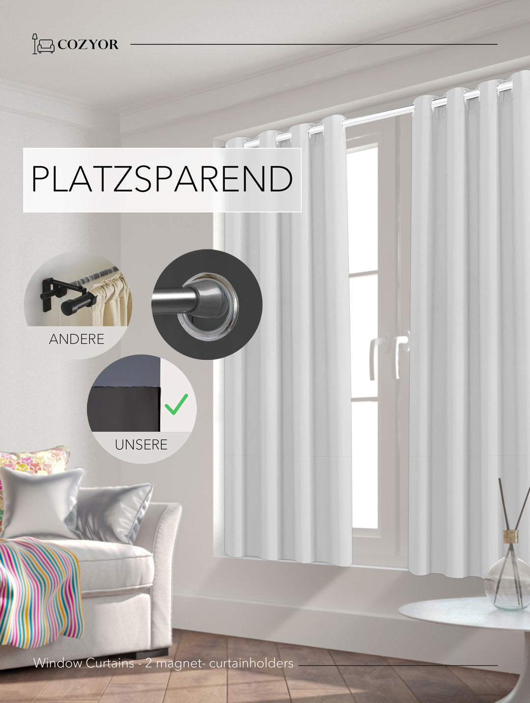 Cozyor Set ohne Bohren: 2x Fenster-Vorhang + 1x Klemmstange + 2x Raffhalter mit Magnet blickdicht & verdunkelnd, als Raumteiler, Fenster & Tür Thermovorhang