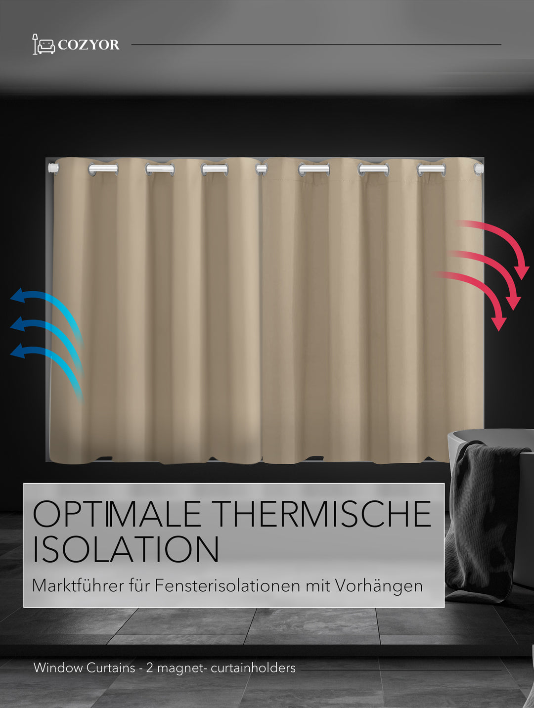 Cozyor Set ohne Bohren: 2x Fenster-Vorhang + 1x Klemmstange + 2x Raffhalter mit Magnet blickdicht & verdunkelnd, als Raumteiler, Fenster & Tür Thermovorhang