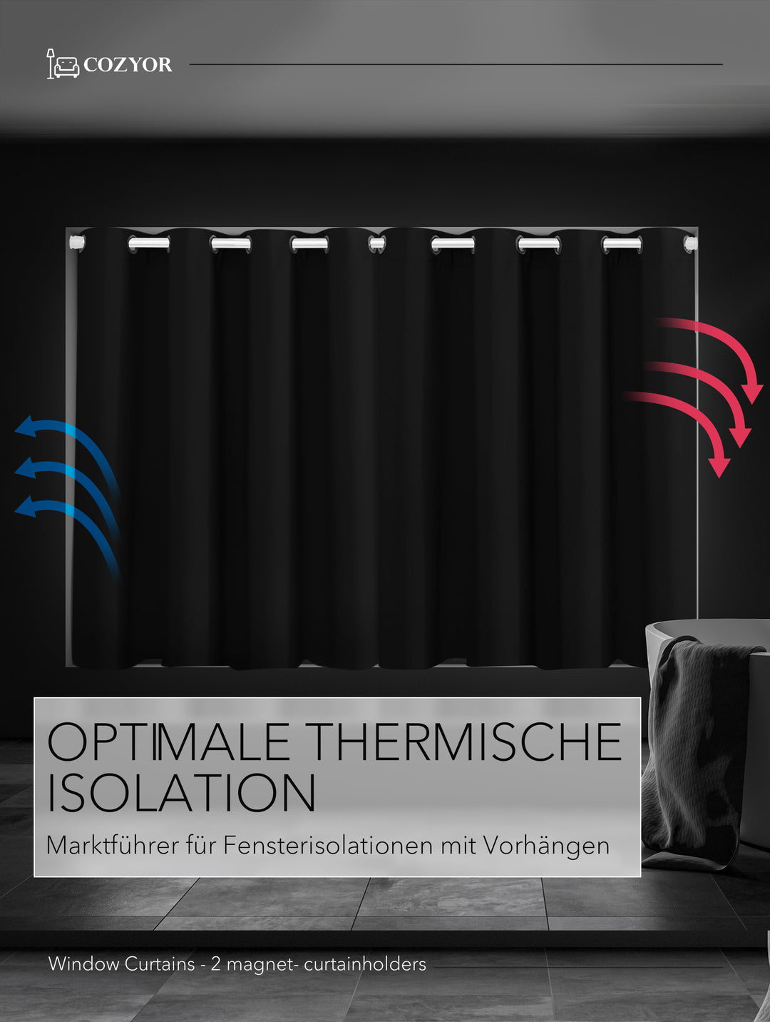 Cozyor Set ohne Bohren: 2x Fenster-Vorhang + 1x Klemmstange + 2x Raffhalter mit Magnet blickdicht & verdunkelnd, als Raumteiler, Fenster & Tür Thermovorhang