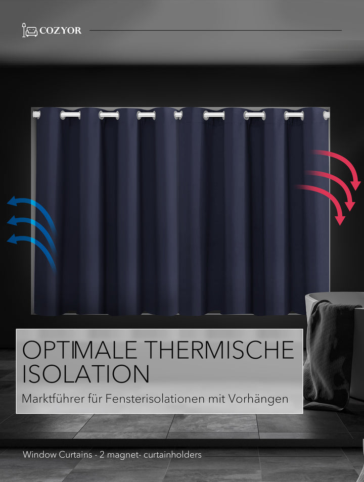 Cozyor Set ohne Bohren: 2x Fenster-Vorhang + 1x Klemmstange + 2x Raffhalter mit Magnet blickdicht & verdunkelnd, als Raumteiler, Fenster & Tür Thermovorhang