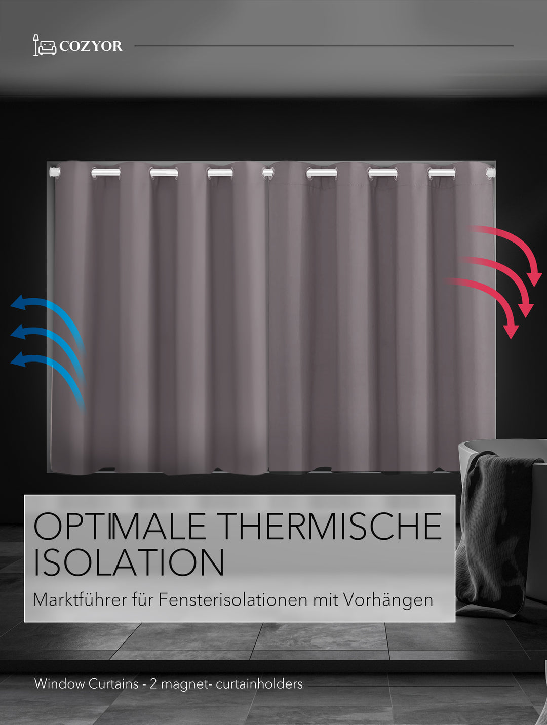 Cozyor Set ohne Bohren: 2x Fenster-Vorhang + 1x Klemmstange + 2x Raffhalter mit Magnet blickdicht & verdunkelnd, als Raumteiler, Fenster & Tür Thermovorhang