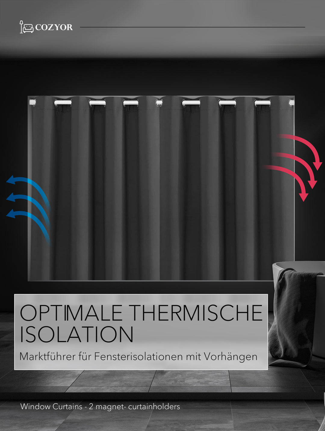 Cozyor Set ohne Bohren: 2x Fenster-Vorhang + 1x Klemmstange + 2x Raffhalter mit Magnet blickdicht & verdunkelnd, als Raumteiler, Fenster & Tür Thermovorhang