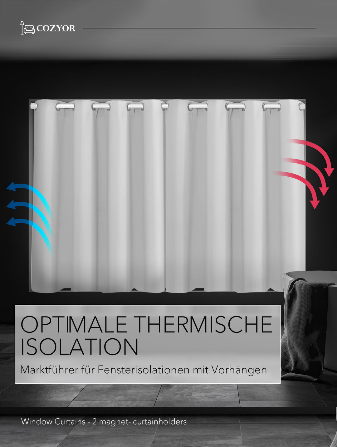 Cozyor Set ohne Bohren: 2x Fenster-Vorhang + 1x Klemmstange + 2x Raffhalter mit Magnet blickdicht & verdunkelnd, als Raumteiler, Fenster & Tür Thermovorhang