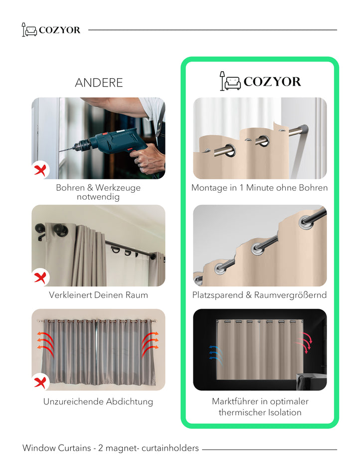 Cozyor 2x blickdichte Vorhänge + 2x Raffhalter mit Magnet, Thermogardine gegen Kälte 100% verdunkelnd, Gardine mit Ösen für Schlafzimmer, Wohnzimmer, Kinderzimmer