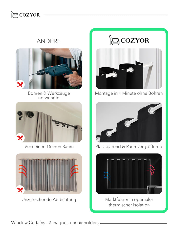 Cozyor Set ohne Bohren: 2x Fenster-Vorhang + 1x Klemmstange + 2x Raffhalter mit Magnet blickdicht & verdunkelnd, als Raumteiler, Fenster & Tür Thermovorhang