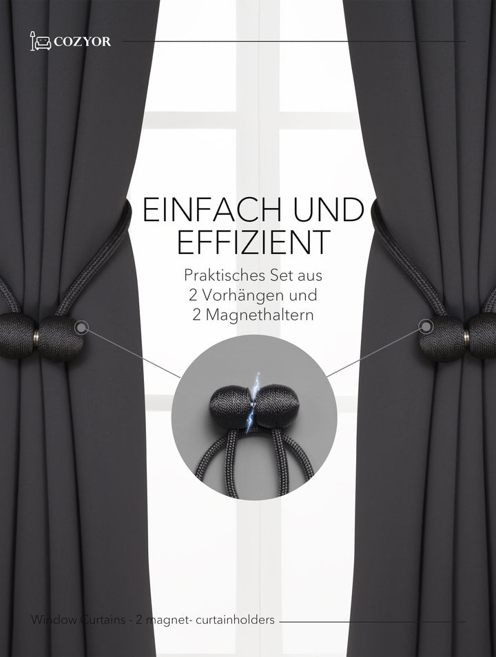 Cozyor Set ohne Bohren: 2x Fenster-Vorhang + 1x Klemmstange + 2x Raffhalter mit Magnet blickdicht & verdunkelnd, als Raumteiler, Fenster & Tür Thermovorhang