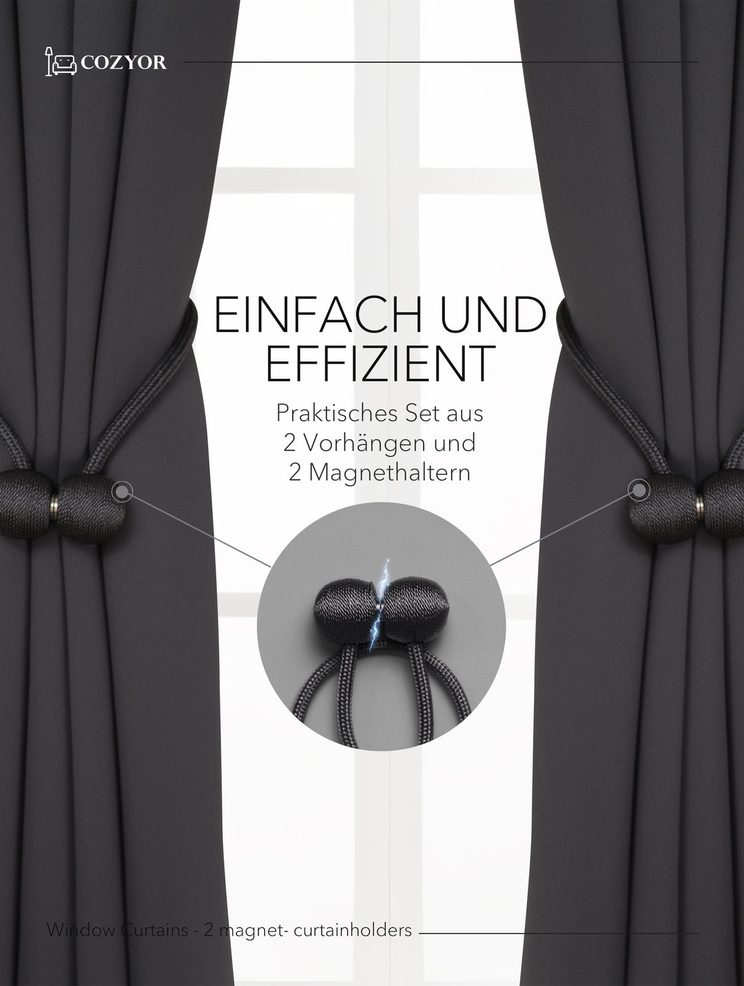 Cozyor 2x blickdichte Vorhänge + 2x Raffhalter mit Magnet, Thermogardine gegen Kälte 100% verdunkelnd, Gardine mit Ösen für Schlafzimmer, Wohnzimmer, Kinderzimmer