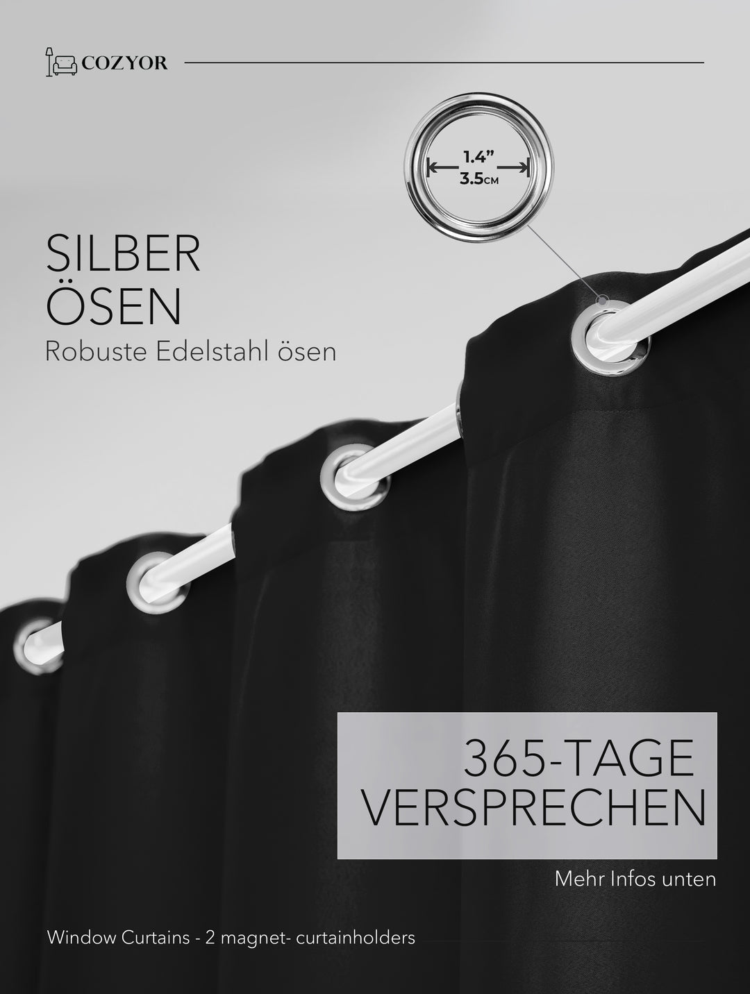 Cozyor Set ohne Bohren: 2x Fenster-Vorhang + 1x Klemmstange + 2x Raffhalter mit Magnet blickdicht & verdunkelnd, als Raumteiler, Fenster & Tür Thermovorhang