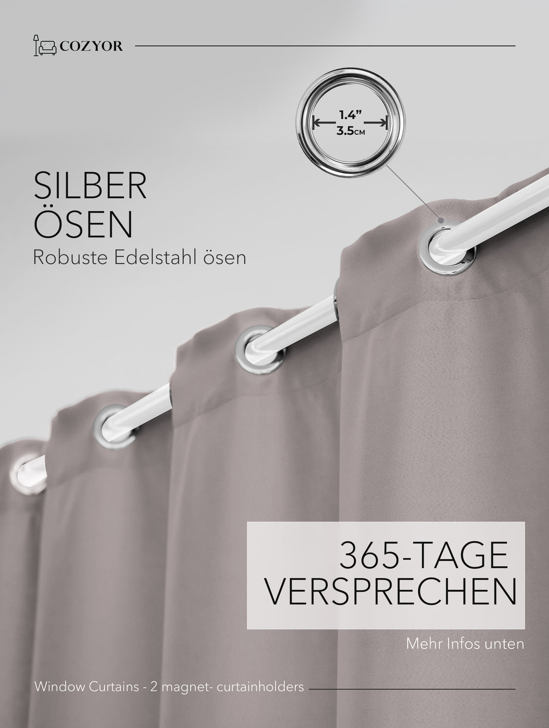 Cozyor Set ohne Bohren: 2x Fenster-Vorhang + 1x Klemmstange + 2x Raffhalter mit Magnet blickdicht & verdunkelnd, als Raumteiler, Fenster & Tür Thermovorhang