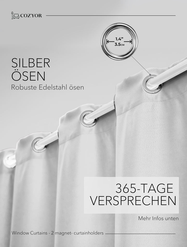 Cozyor Set ohne Bohren: 2x Fenster-Vorhang + 1x Klemmstange + 2x Raffhalter mit Magnet blickdicht & verdunkelnd, als Raumteiler, Fenster & Tür Thermovorhang