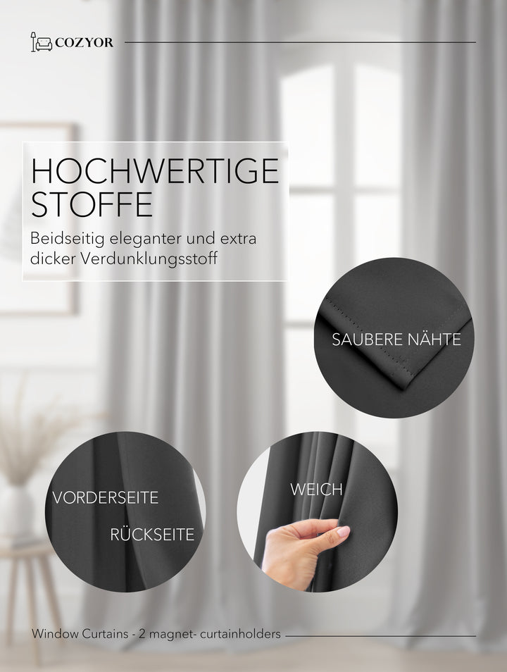 Cozyor 2x blickdichte Vorhänge + 2x Raffhalter mit Magnet, Thermogardine gegen Kälte 100% verdunkelnd, Gardine mit Ösen für Schlafzimmer, Wohnzimmer, Kinderzimmer