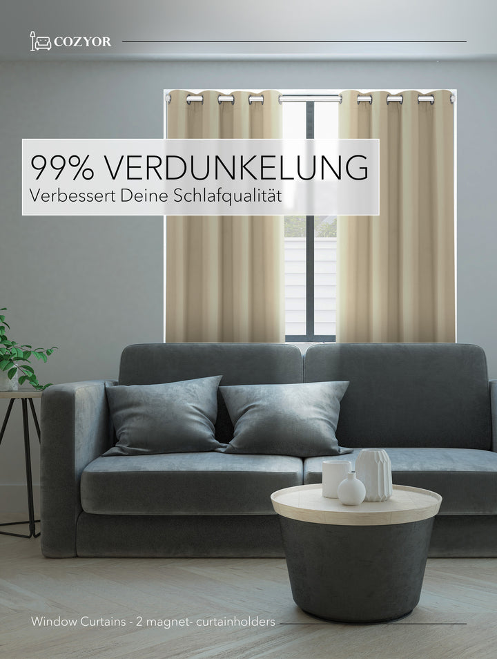 Cozyor Set ohne Bohren: 2x Fenster-Vorhang + 1x Klemmstange + 2x Raffhalter mit Magnet blickdicht & verdunkelnd, als Raumteiler, Fenster & Tür Thermovorhang