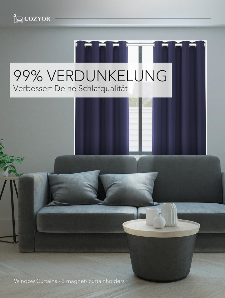 Cozyor Set ohne Bohren: 2x Fenster-Vorhang + 1x Klemmstange + 2x Raffhalter mit Magnet blickdicht & verdunkelnd, als Raumteiler, Fenster & Tür Thermovorhang