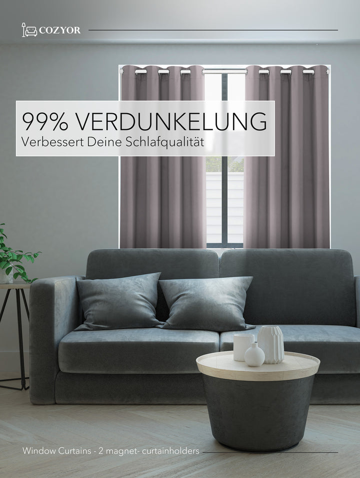 Cozyor Set ohne Bohren: 2x Fenster-Vorhang + 1x Klemmstange + 2x Raffhalter mit Magnet blickdicht & verdunkelnd, als Raumteiler, Fenster & Tür Thermovorhang