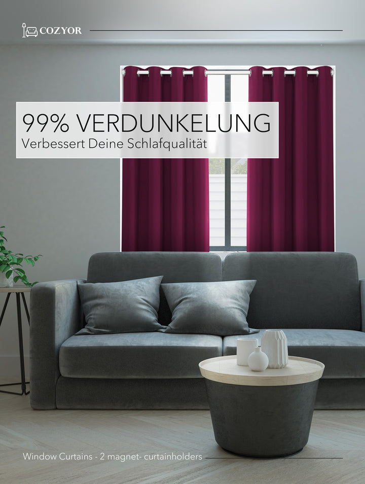 Cozyor Set ohne Bohren: 2x Fenster-Vorhang + 1x Klemmstange + 2x Raffhalter mit Magnet blickdicht & verdunkelnd, als Raumteiler, Fenster & Tür Thermovorhang