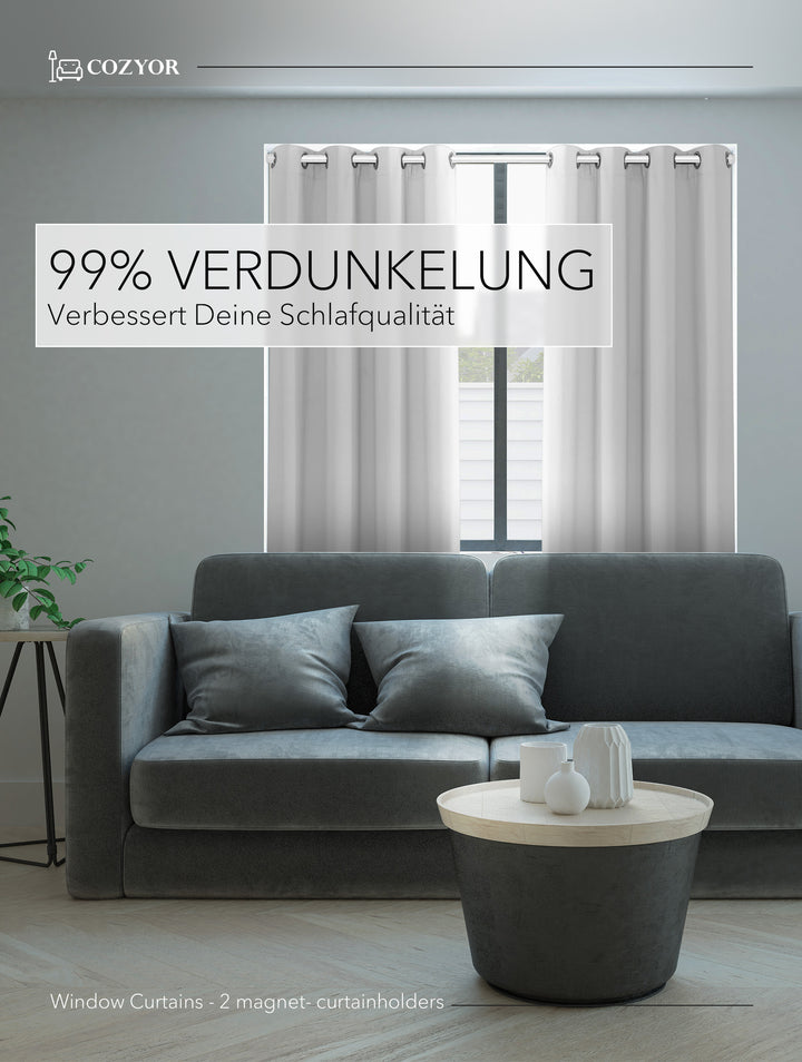 Cozyor Set ohne Bohren: 2x Fenster-Vorhang + 1x Klemmstange + 2x Raffhalter mit Magnet blickdicht & verdunkelnd, als Raumteiler, Fenster & Tür Thermovorhang