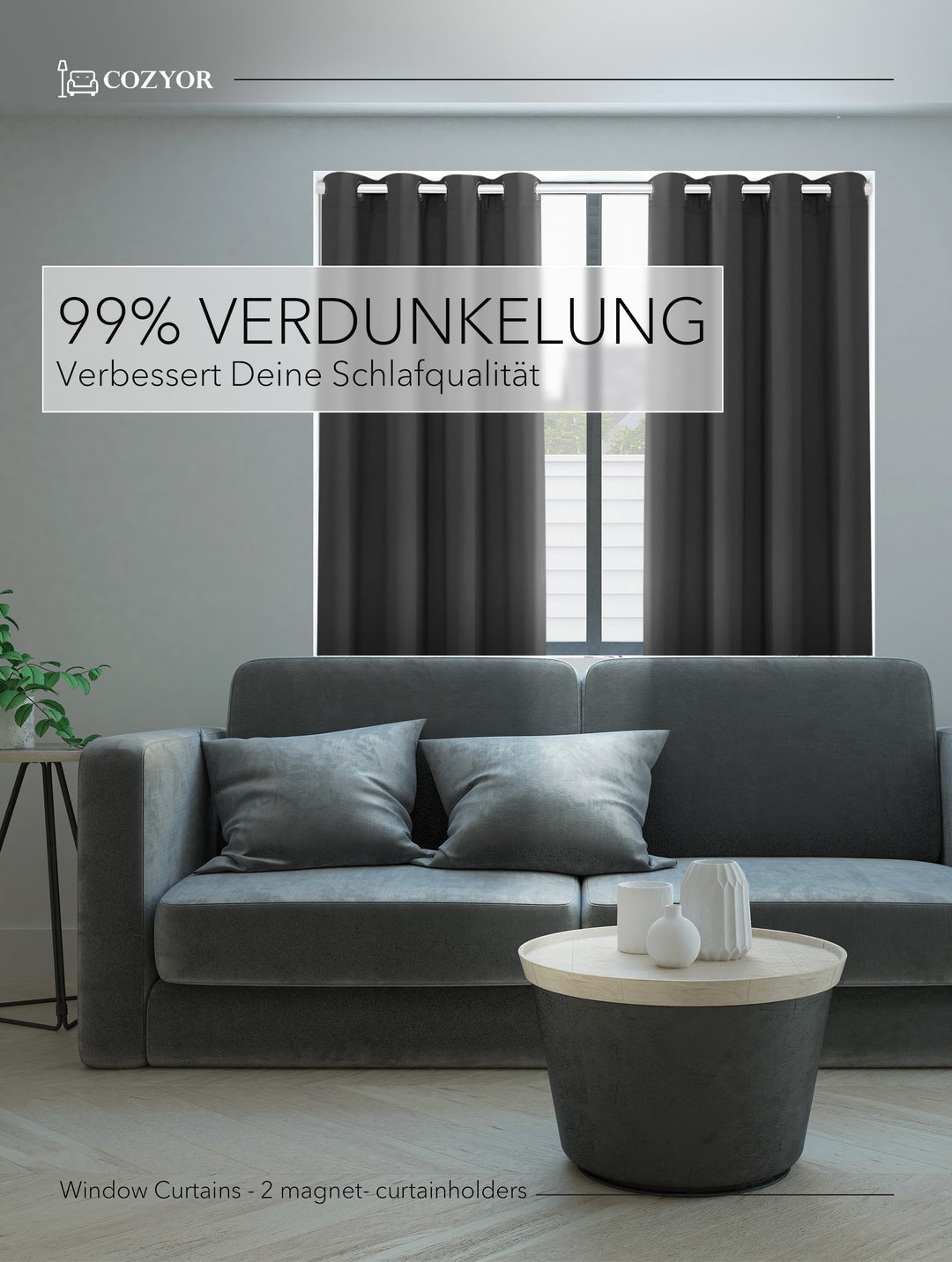 Cozyor Set ohne Bohren: 2x Fenster-Vorhang + 1x Klemmstange + 2x Raffhalter mit Magnet blickdicht & verdunkelnd, als Raumteiler, Fenster & Tür Thermovorhang