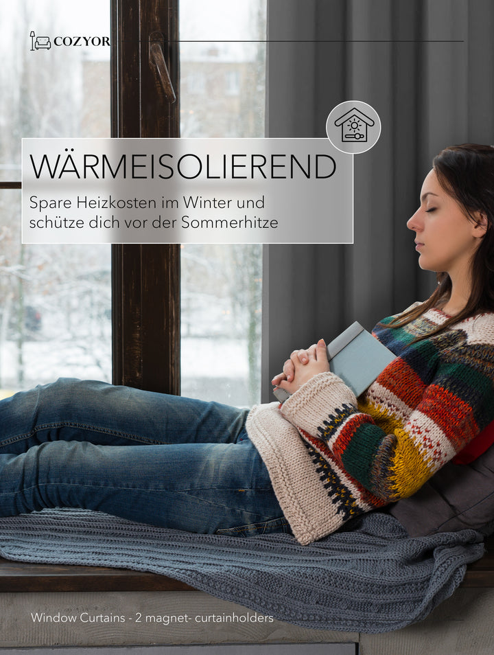 Cozyor 2x blickdichte Vorhänge + 2x Raffhalter mit Magnet, Thermogardine gegen Kälte 100% verdunkelnd, Gardine mit Ösen für Schlafzimmer, Wohnzimmer, Kinderzimmer